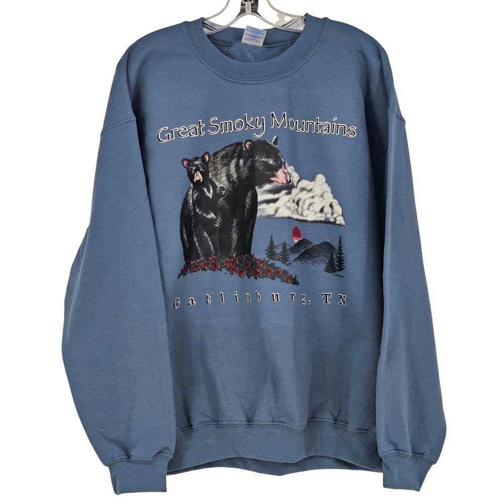 Vintage Great Smoky Mountains Bear Sweatshirt Large Blue Gatlinburg TN Cabincore